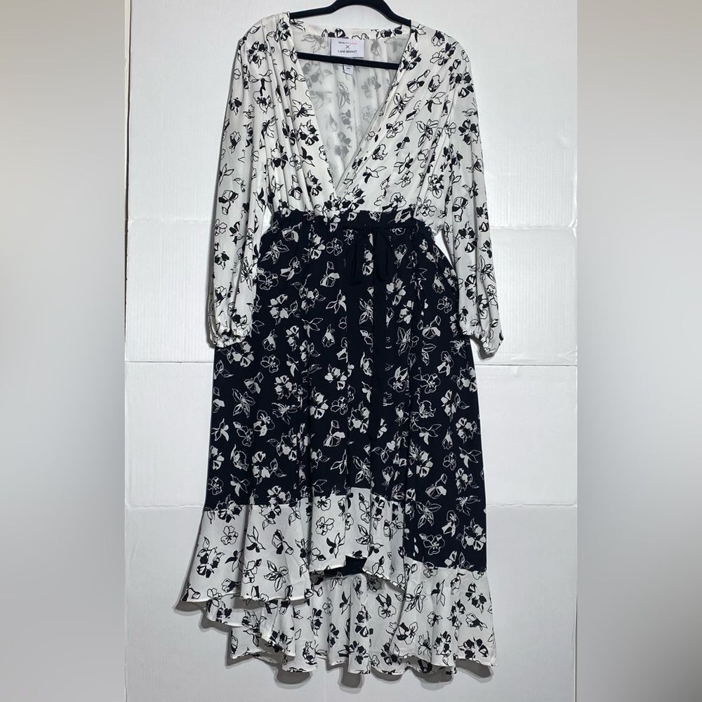 Lane Bryant hi low wraparound dress size 14, black and white floral Flores print
